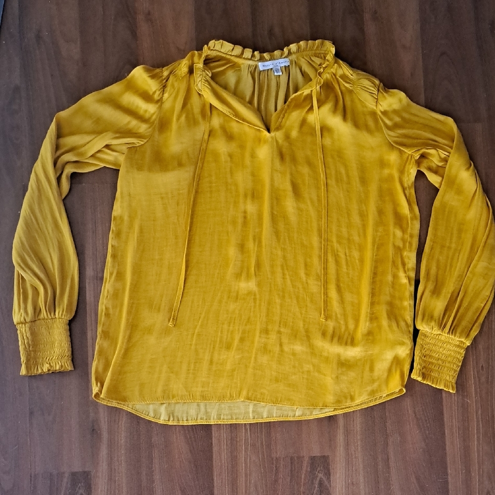 Women's Mustard Tie-Neck Ruffle Blouse